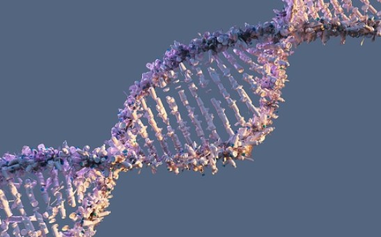 Digital generated image of DNA made out of used plastic packages on grey background.