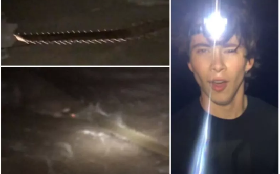 Left: stills from the TikTok video showing the smalltooth sawfish. Right: Daniel Nuzum after catching his first ever fish.