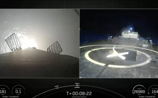 The first stage of a SpaceX Falcon 9 rocket heads for a landing on the SpaceX droneship Just Read the Instructions not long after launching the Amazonas Nexus satellite for Spanish company Hispasat on Feb. 6, 2023.